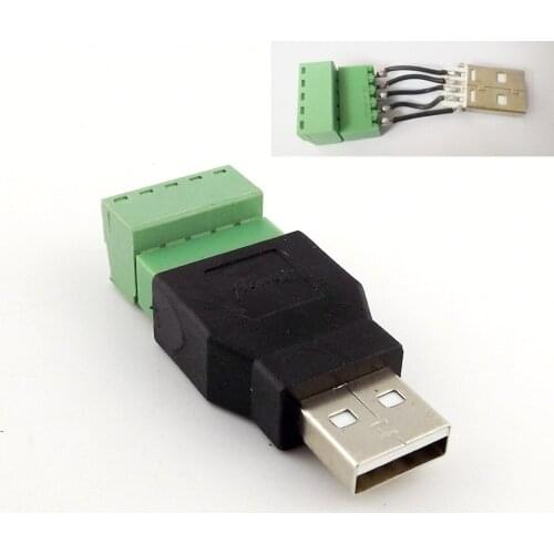 1pc USB 2.0 Type A Male Plug to 5 Pin Screw with Shield Terminal Plug Adapter Connector