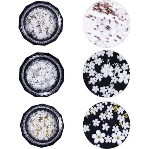 100pc/1bag 3D Big Small White Flowers Nail Art Accessories Mixed Steel Balls Three Dimensional Nail Polish Decals Decoration