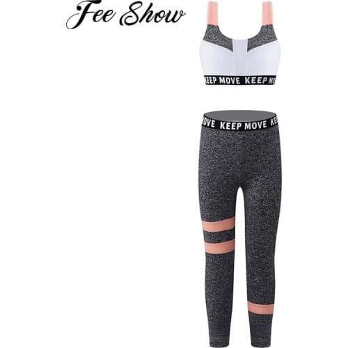 2Pcs Kids Girls Yoga Clothing Sport Suit Workout Tracksuit Sleeveless Patchwork Crop Tops High Waist Pants Set Running Gym Wear