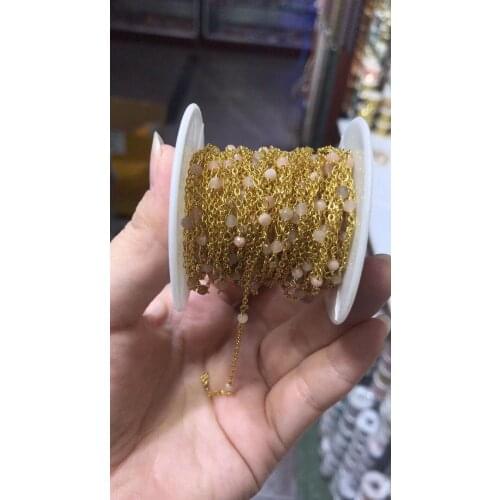 3M/packs Copper semiprecious stone jewelry making chain, pink crystal gold plated flat gems beads connector findings