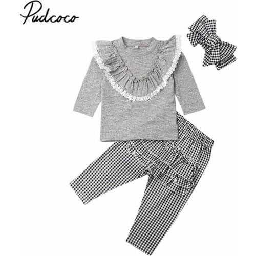 2019 Baby Spring Autumn Clothing 3PCS Toddler Kid Baby Girl Outfit Set Ruffled T Shirt Tops Checked Pants Headband Clothes 6M-4T