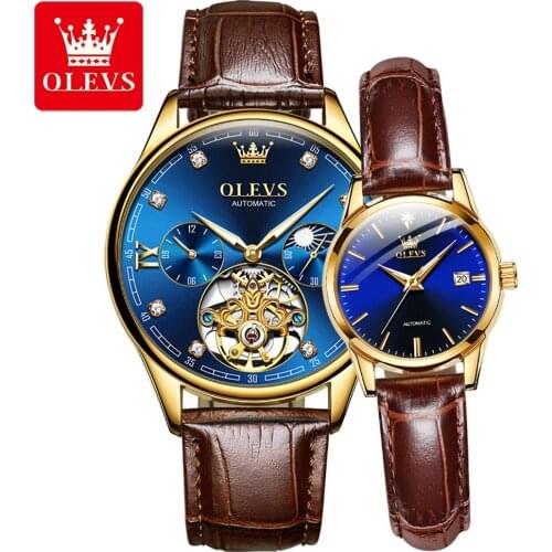 Valentines Day Gifts OLEVS Couple Watches Mechanical Automatic Fashion Business Men Watch for Women Watches Leather Pair Hour