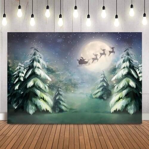 Green Christmas tree winter snow photography background Santa Claus night sky backdrop for photographic studio snwoflake props