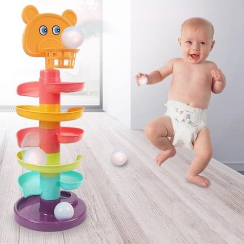 1Set Kids Ball Drop Toy Montessori Stacking Block Interactive Educational Rotary Slide Toy with Basket Hoop Baby Sensory Toy