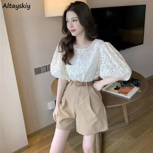 Sets Women Summer Solid Hollow Out Simple Leisure Trendy Loose O-neck Puff-sleeve Girls All-match Soft Streetwear Elegant New
