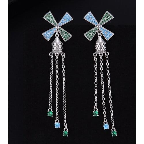 Blachette Fashion Windmill Full Cubic Zirconia Long Tassel Dangle Drop Earrings For Women Girls Banquet Party Daily Anniversary