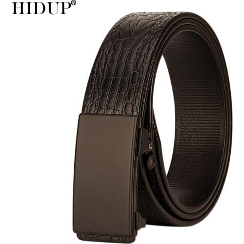 HIDUP 202 Design Top Quality Crocodile Line Solid Cow Leather Automatic Belts Men Black 3.4cm Width Jeans Accessories NWJ866