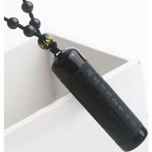 Genuine Natural Black Obsidian Chinese Painting Calligraphy Buddhism Pendant 61x17mm Barrel Shape 6mm Beads Necklaces AAAAA
