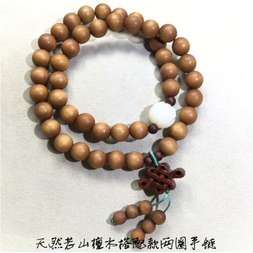 Natural old sandalwood with two circles bracelet with white jade Bodhi lotus leaf red sandalwood Chinese knot