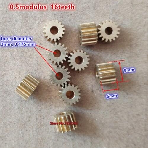 Ouside diameter 9mm 16teeth gear 0.5M 16T brass gear Spur pinion gear for 2mm , 3mm 3.175mm shaft