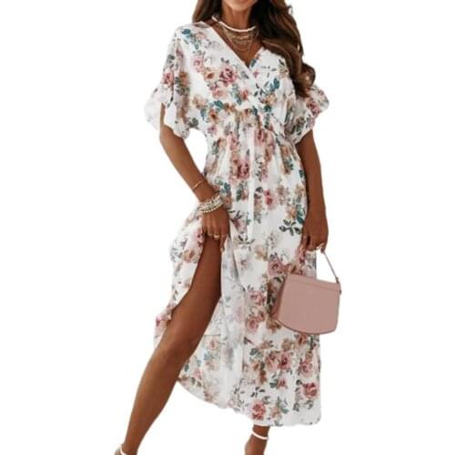Summer Long Dress for Women Floral Print V Neck Ruffled Hem Elastic Waist Dress for Beach Sundress Ladies Casual Fashion Vestido