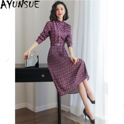 Spring Summer Dress 2020 Vintage Polka Dot Office Dress for Women Pleated Purple Dress Elegant Ladies Dresses Vestidos MY2320