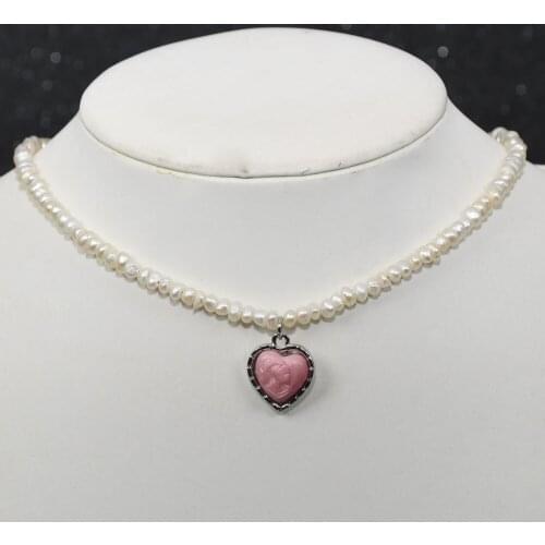 Simple Minimalist real pearl necklace choker pink heart retro pattern necklace daily jewelry elegant sweater chain for women