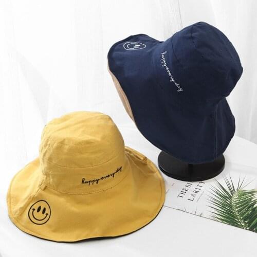 New Hemp Double-sided Sun Protection Hat Womens Letter Smiley Face Big Eaves Outdoor Hiking Hat Unisex Fisherman Hat Panama Cap