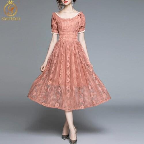 SMTHMA 2021 New Summer Solid Color Lace Hollow Out Casual Dress Sexy Slash Neck Off The Shoulder Chic Long Dress Vestidos