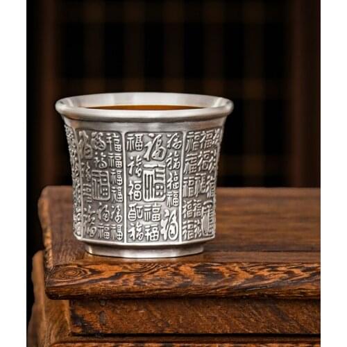Hundred Blessing Pure Silver 999 Tea Cup Kungfu Master Teacup Peace Harmony Good Luck Hospitality Office Tearoom Home Supplies