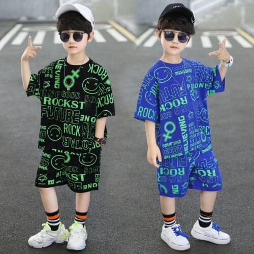 Boy Fashion Sets Childrens Summer Cotton O-Neck Full Print Letter Tops+Shorts Clothing Sets Child Casual Clothes Boys Clothing