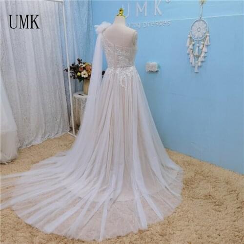 UMK Elegant One Shoulder A Line Wedding Dress Boho Lace Appliques Tulle Bow Bridal Gowns