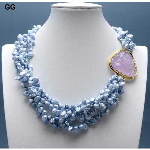 GuaiGuai Jewelry 4 Rows Natural Freshwater Cultured Blue Keshi Pearl Purple Jade Buddha Connector Choker Necklace 18'' For Women