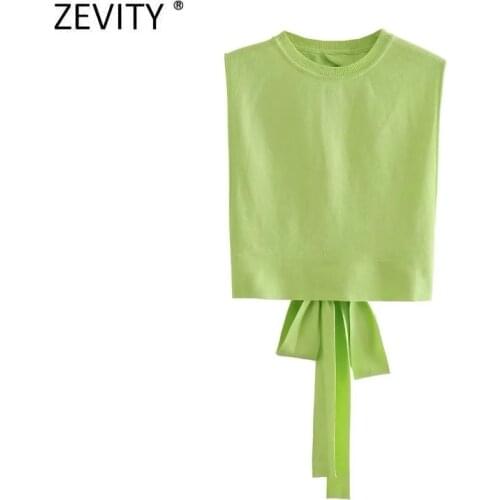 Zevity Women Chic Sexy Backless Split Design Knitting Camis Tank Ladies Summer Solid Slim Short T shirt Hem Bow Crop Tops LS9433