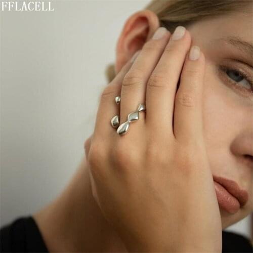 2020 New Vintage Korean Female Golden Silver Color Metal Geometric Irregular Hollow Adjustable Opening Rings for Women Jewelry