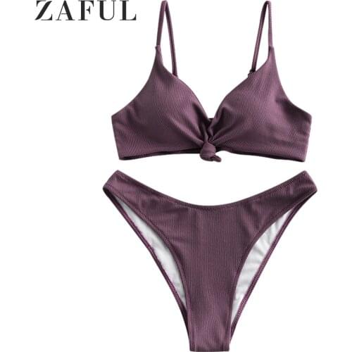 ZAFUL Sexy Ribbed Knot High Leg Bikini Swimsuit For Women Spaghetti Straps Removable Padded High Cut Bikini Wire Free Swimwear