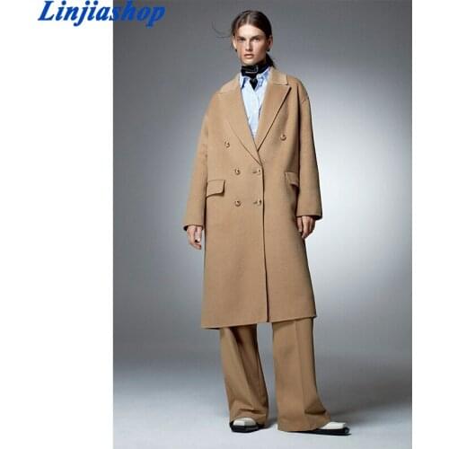 Women Fashion Double Breasted Loose Coat Vintage Long Sleeve Back Vents Female Outerwear Chic Overcoat