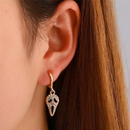 1Pair Punk Rhinestone Hollow Skull Earrings For Women Men Funny Gothic Alloy Skeleton Hoop Earrings Halloween Jewelry E765