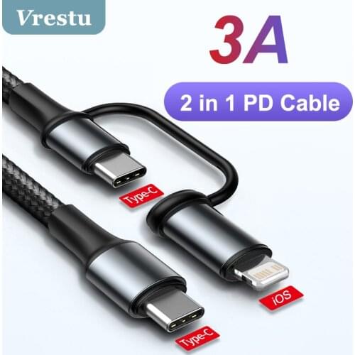2 in 1 60W Type-C USB C PD Cable Charging Wire for Notebook Charger USB C Data Wire PD Fast Charge USBC Kabel for iPhone iPad 3A