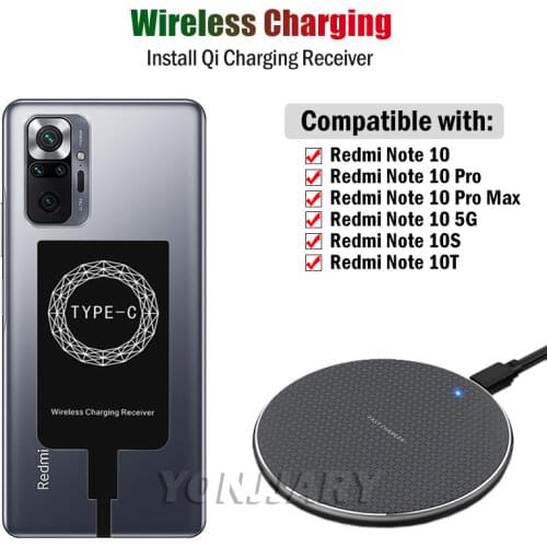 Qi Wireless Charging Receiver for Xiaomi Redmi Note 10 Pro Max 10S 10 5G Phone Wireless Charger Pad USB Type-C Charging Adapter