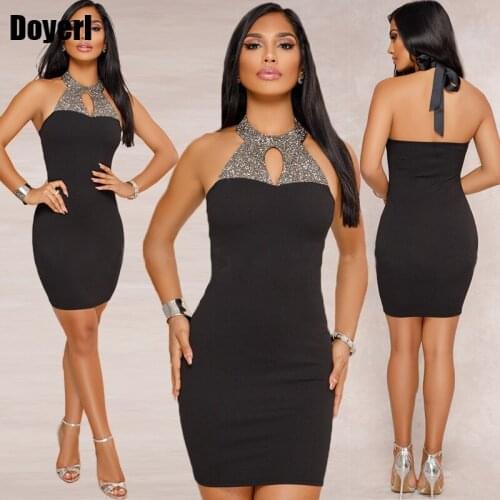 Glitter Sequin Dress Women Sleeveless Halter Sexy Little Black Dress Night Club Celebrity Party Wear Backless Bodycon Mini Dress