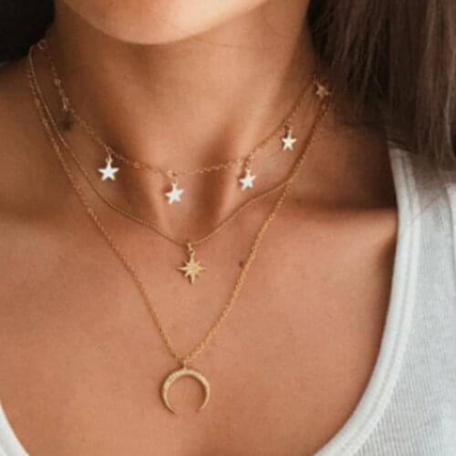 Tocona Vintage Stars Moon Pendant Chain Necklace Women Gold Multilayer Gold Chokers Boho Jewelry Accessories collares 14413