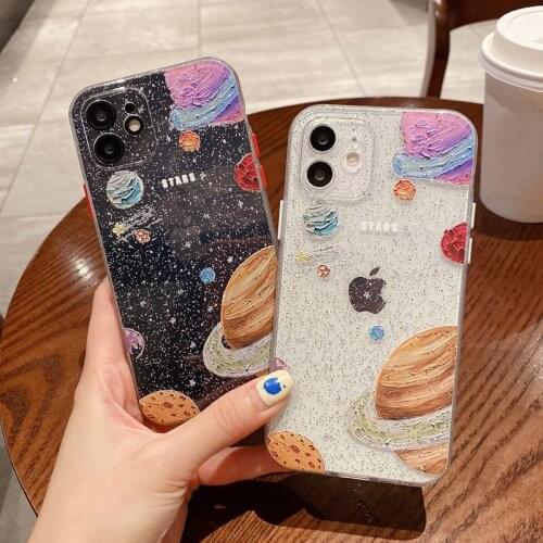 Ottwn Glitter Stars Planet Phone Case For iPhone 12 11 Pro Max X XR XS Max 7 8 Plus SE2020 Shiny Clear Shockproof Soft TPU Cover