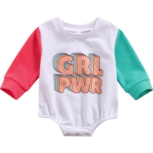 2021 0-24M Newborn Baby Girl Playsuit GRL PWR Letter Print Toddler Color Block Long Sleeve Round Neck Romper Autumn Casual Top