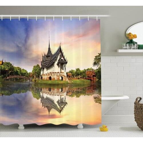 Home Decor Shower Curtain House Formed Old Majestic Temple Over The Lake for Praying Religion Reflection Waterproof Curtains