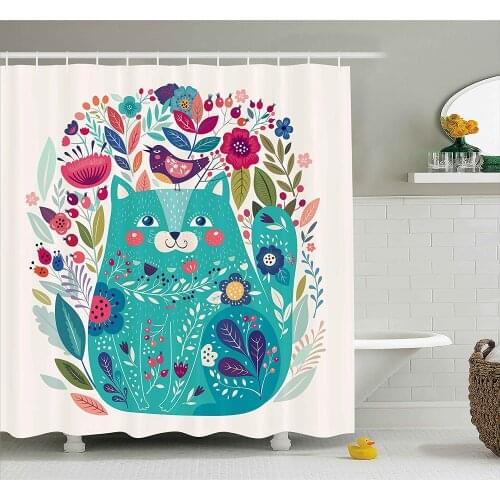 Cat Decor Shower Curtain by Cute Kitty Surrounded by Birds Flowers Ladybugs Inspirational Folk Baby Illustration Bathroom Decor