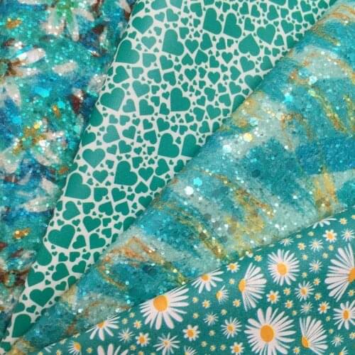 Leo Leather Mint Chunky Glitter Leather Fabric Daisy Hearts Printed Synthetic Leather Felt Backing BOWS DIY 21X29CM G382