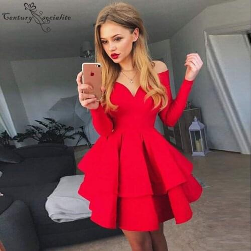 Long Sleeves Red Homecoming Dresses Short Tiered Sheer O-Neck Zipper Mini Cocktail Dress Vestidos De Graduacion