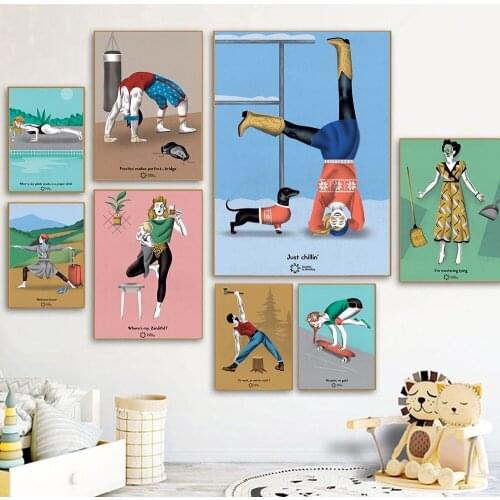 Cartoon Figure Swimming Stretching Skateboard Motion Wall Art Print Poster Yoga Boxing Canvas Painting Pictures Gym Room Decor