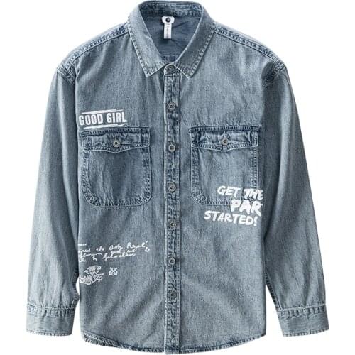 Long Sleeve Denim Shirt for Men Turn-down Collar Pure Cotton Vintage Tops Male Fashion Letter Print Cowboy Clothes 2021 New