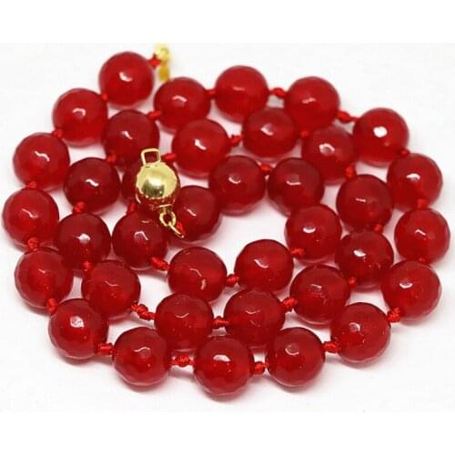 Charms Red Jades Stone Strand Necklace For Women Chalcedony Dyed Faceted Round Beads 8,10,12mm Necklaces Jewelry 18inch B1464