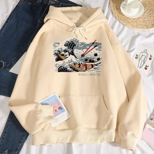 Great Sushi Wave Ukiyoe Prints Hoody Women hip hop High Quality Hoodies Harajuku Casual Autumn Hoodie Fashion Loose Men Clothing