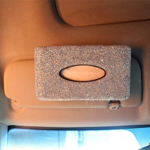 Bling Rhinestone Car Auto Sun Visor Type Tissue Box Leather Holder Paper Napkin Clip