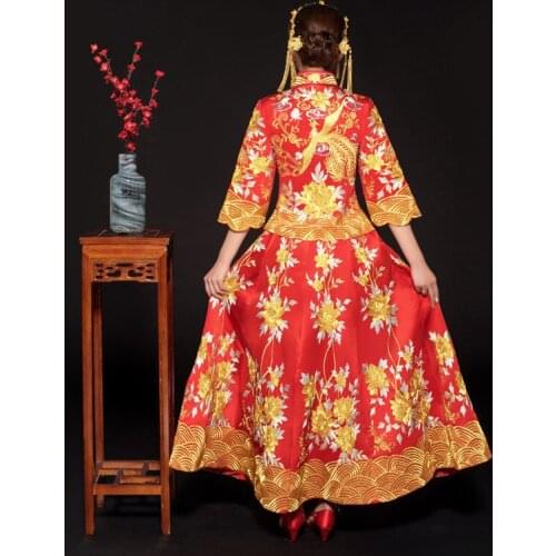 Red embroidery style formal dress royal phoenix wedding cheongsam costume bride vintage Chinese traditional Tang suit Qipao