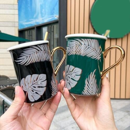 High-grade gold ceramic Mug with spoon lid 400ml creative Drinkware Coffee Tea Cups Novelty Gifts milk cup
