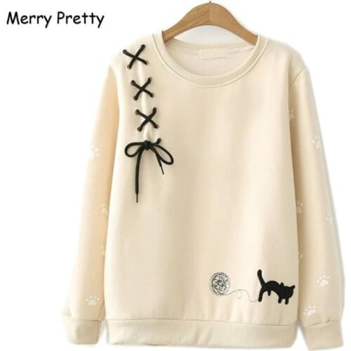 MERRY PRETTY 2018 Autumn Winter Cat Embroidery Hoodies Sweatshirts Women Fleece Long-Sleeved Warm Pullovers Lace Up Hoodies