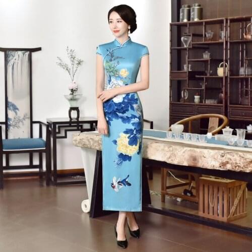 Plus Size M-6XL Traditional Chinese Dresses Cheongsam Flower Bird Print Long Qipao Sexy Split Tang Costume Lady Qipao