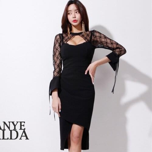 Women Flare Sleeve Solid Slim Sexy Party Dress Black Lace Patchwork Bodycon Bandage Dress Women Hollow Out Midi Wrap Dresses
