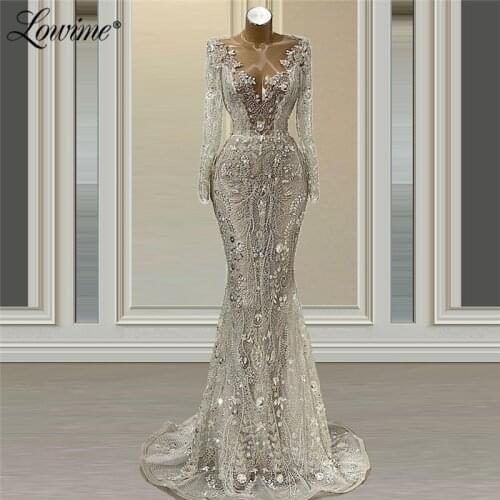 Lowime Silver Women Evening Dress Long Sleeves Lace Party Dresses For Weddings 2021 Vestidos De Fiesta Couture Prom Gown Robes