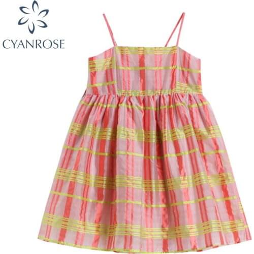 Vintage Korean Spaghetti Strap Dress Women 2021 Summer Fashion New Pink Plaid Sleeveless Backless High Waist Female Dresses
